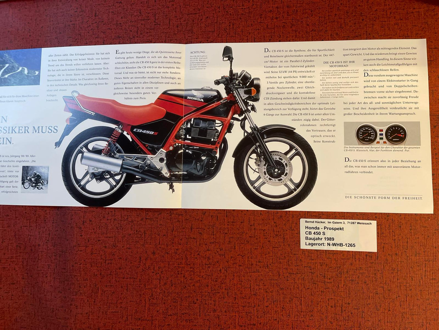 Prospekt Honda CB450S - CB 450 S Bj. 1988 + Aufkleber