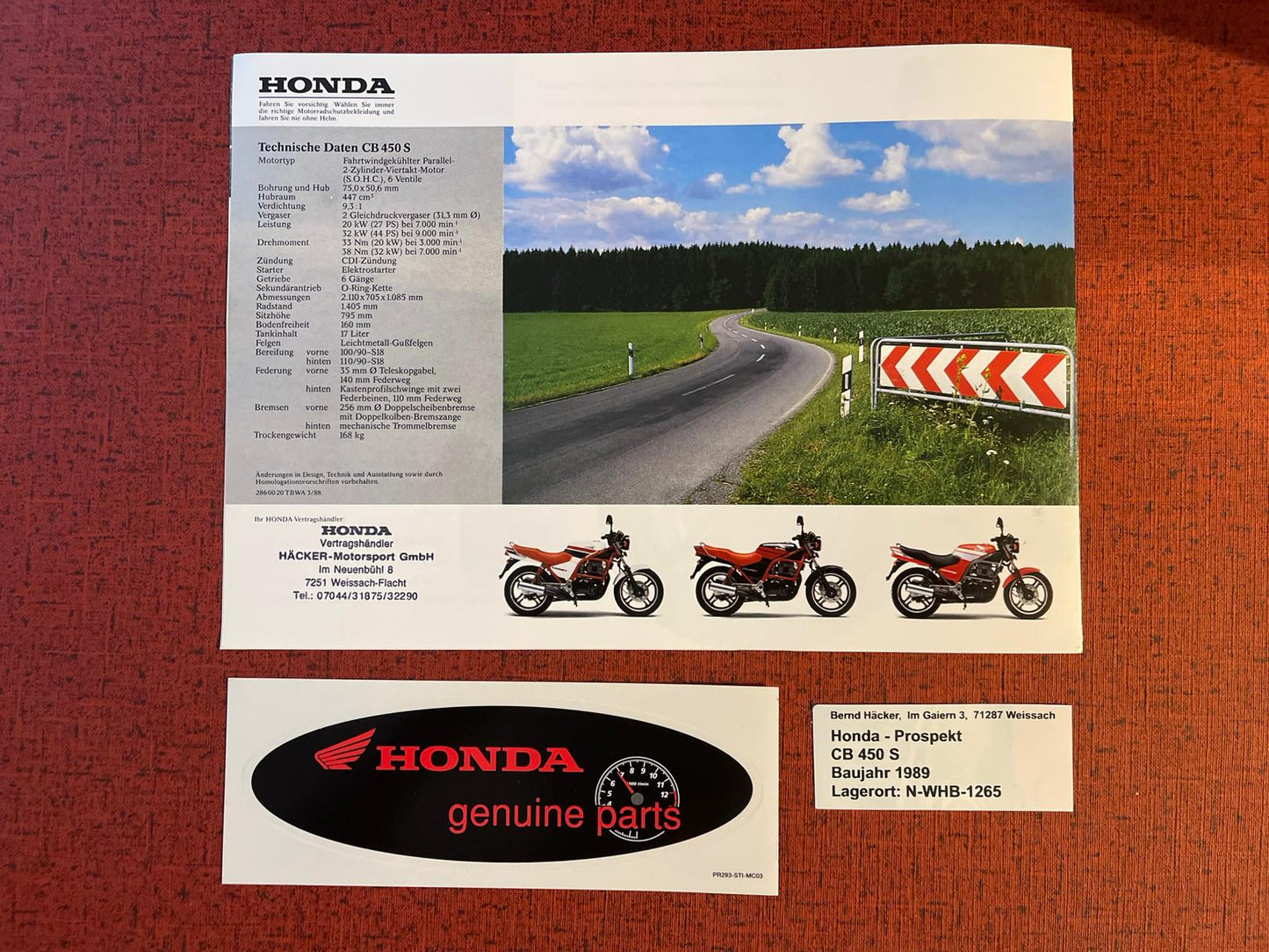 Prospekt Honda CB450S - CB 450 S Bj. 1988 + Aufkleber