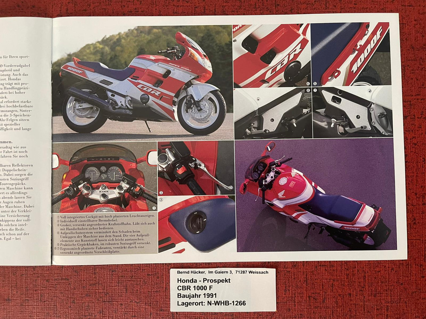 Prospekt Honda CBR1000F - CBR 1000 F Bj. 1991 + Aufkleber