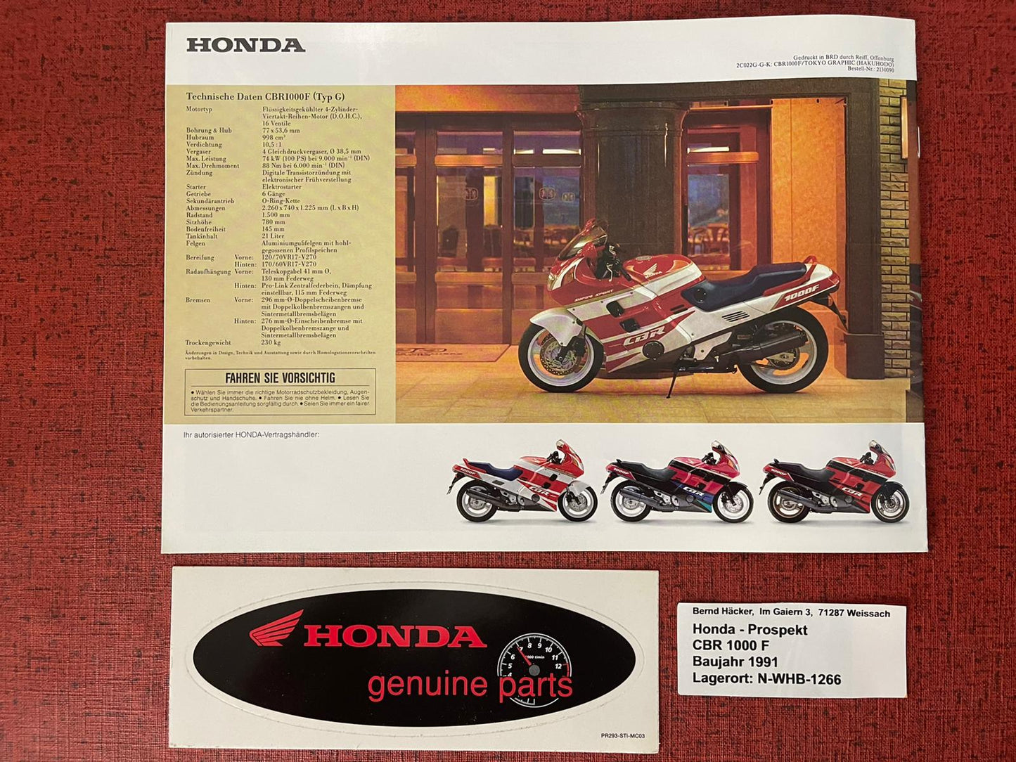 Prospekt Honda CBR1000F - CBR 1000 F Bj. 1991 + Aufkleber