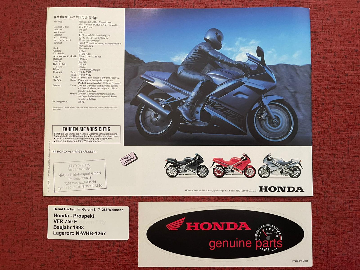 Prospekt Honda VFR750F - VFR 750 F Bj. 1993 + Aufkleber