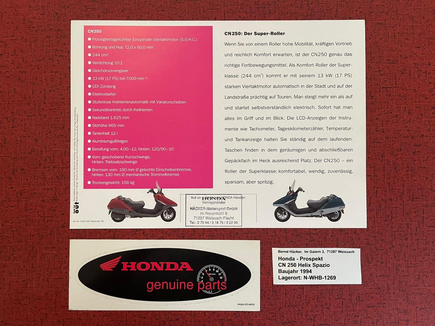 Prospekt Honda CN250 - CN 250 Helix Bj. 1994 + Aufkleber