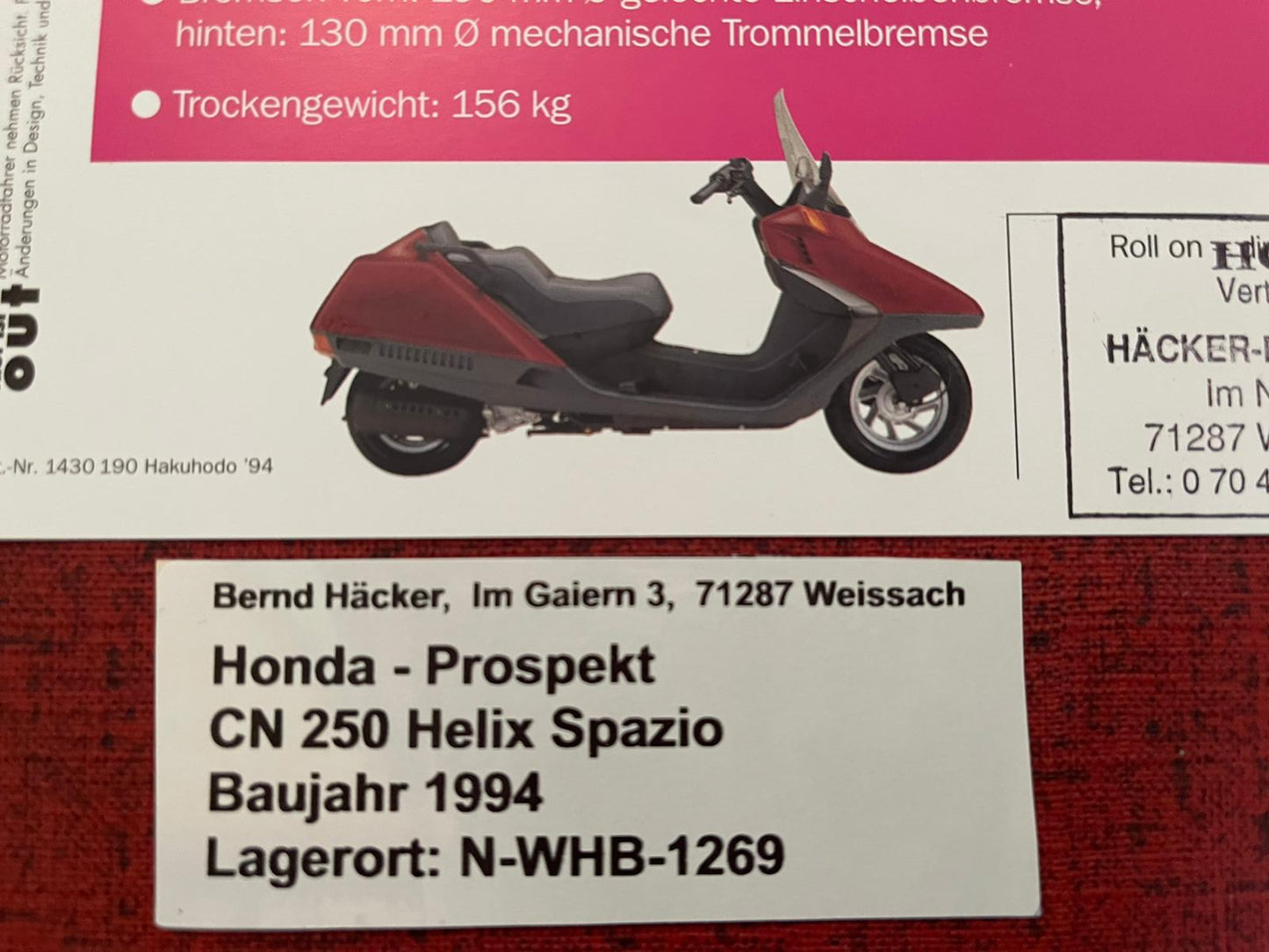 Prospekt Honda CN250 - CN 250 Helix Bj. 1994 + Aufkleber