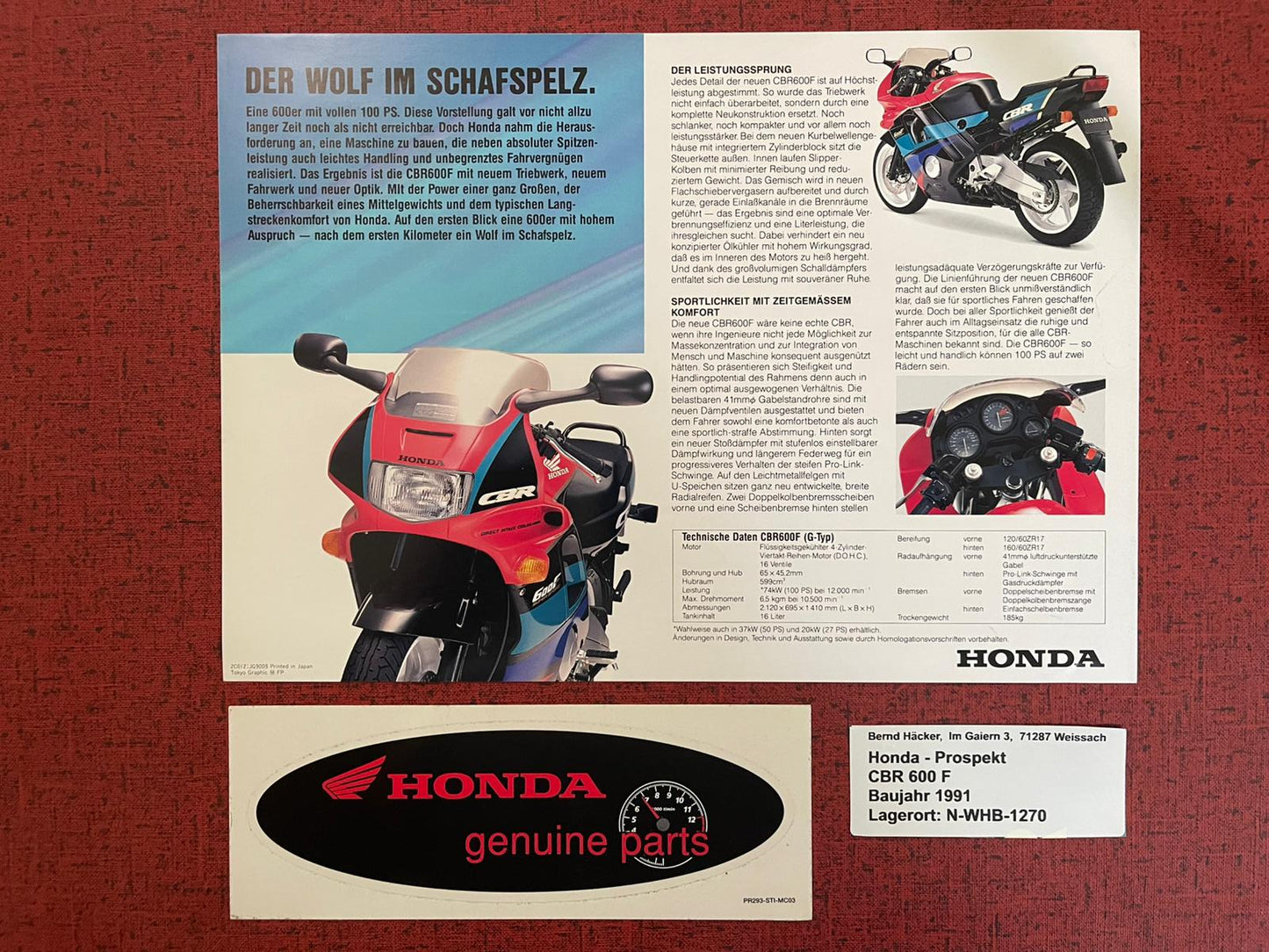 Prospekt Honda CBR600F - CBR 600 F Bj. 1991 + Aufkleber