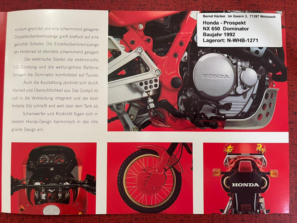 Prospekt Honda NX650 - NX 650 Dominator Bj. 1992 + Aufkleber