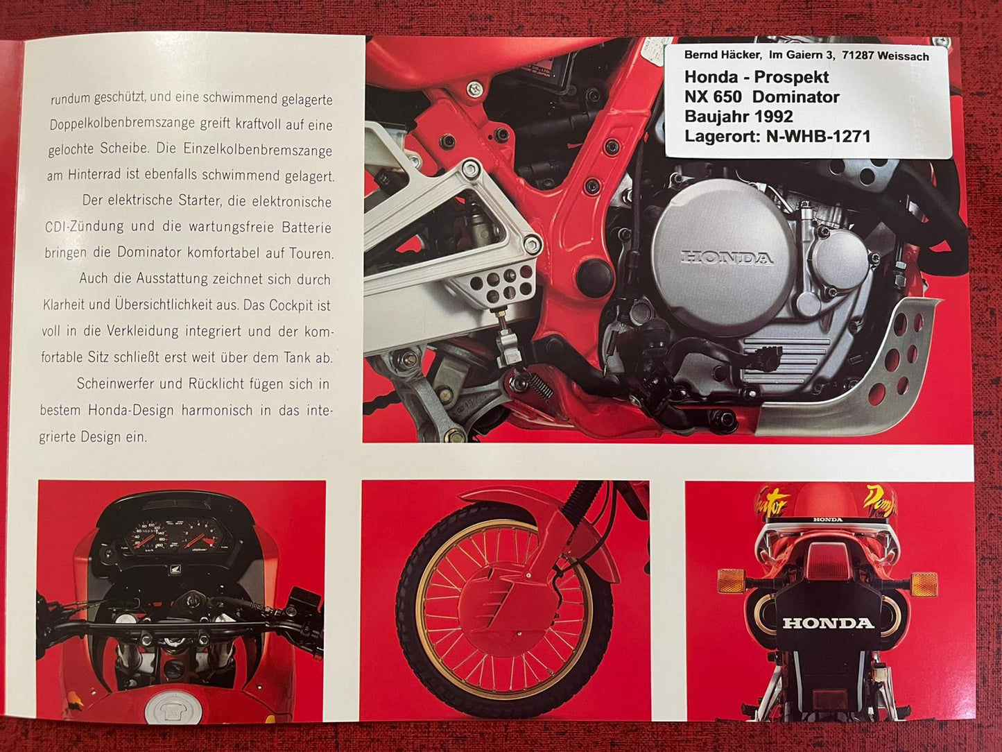 Prospekt Honda NX650 - NX 650 Dominator Bj. 1992 + Aufkleber