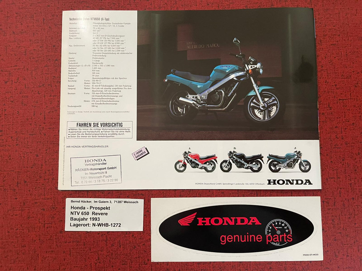 Prospekt Honda NTV650 - NTV 650 Revere Bj. 1993 + Aufkleber
