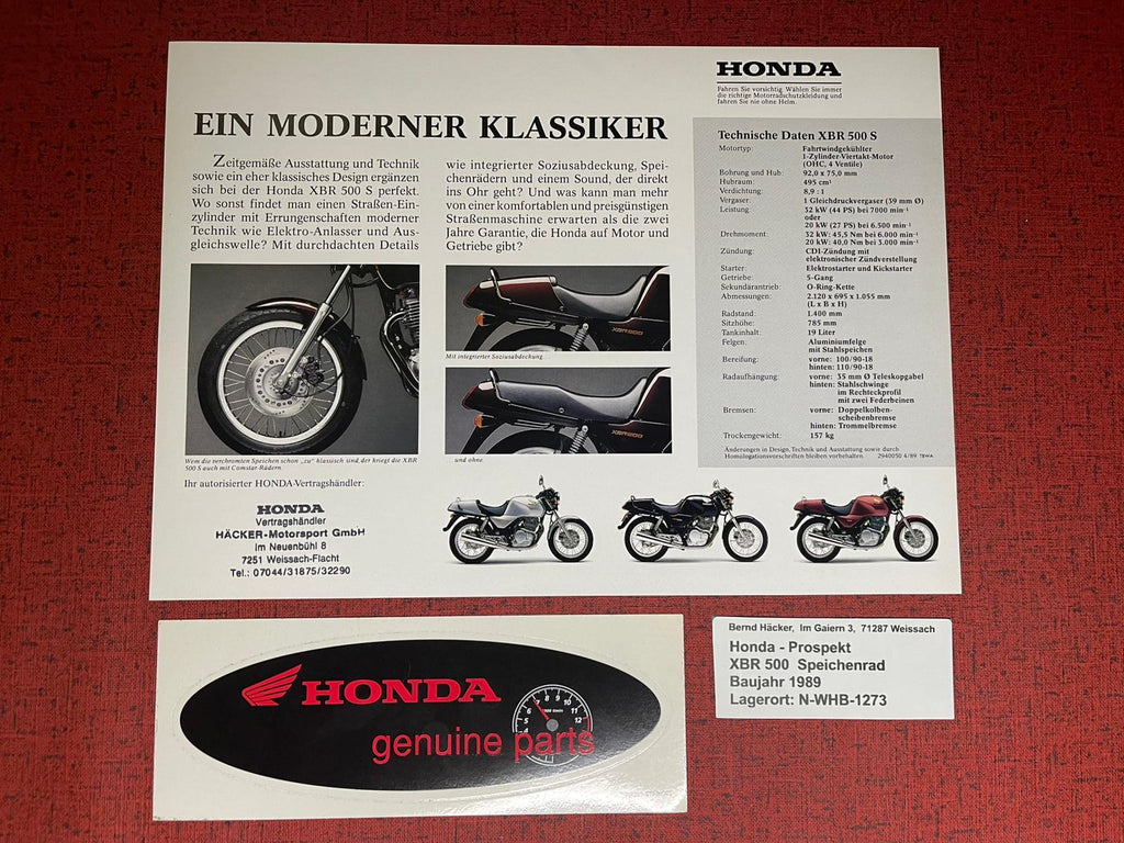 Prospekt Honda XBR500S - XBR 500 Speichenrad -  Bj. 1989 + Aufkleber