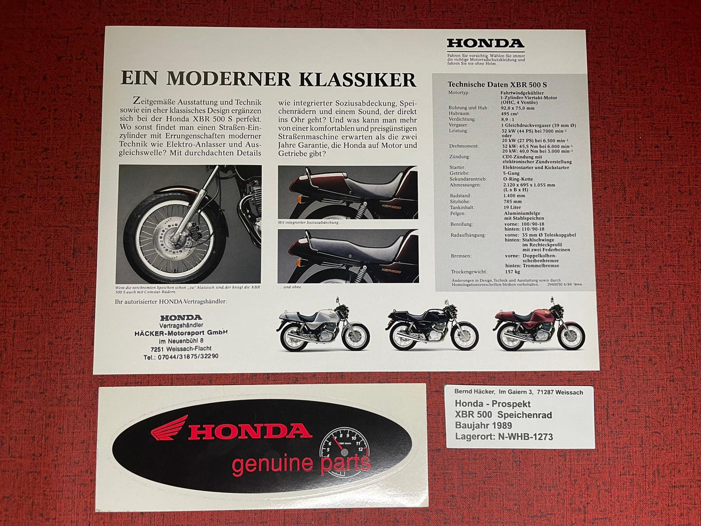 Prospekt Honda XBR500S - XBR 500 Speichenrad -  Bj. 1989 + Aufkleber