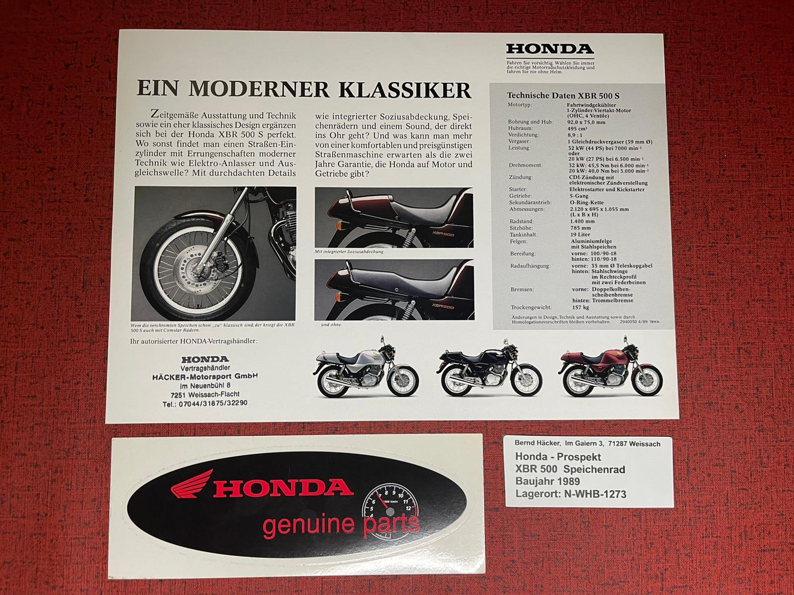 Prospekt Honda XBR500S - XBR 500 Speichenrad -  Bj. 1989 + Aufkleber