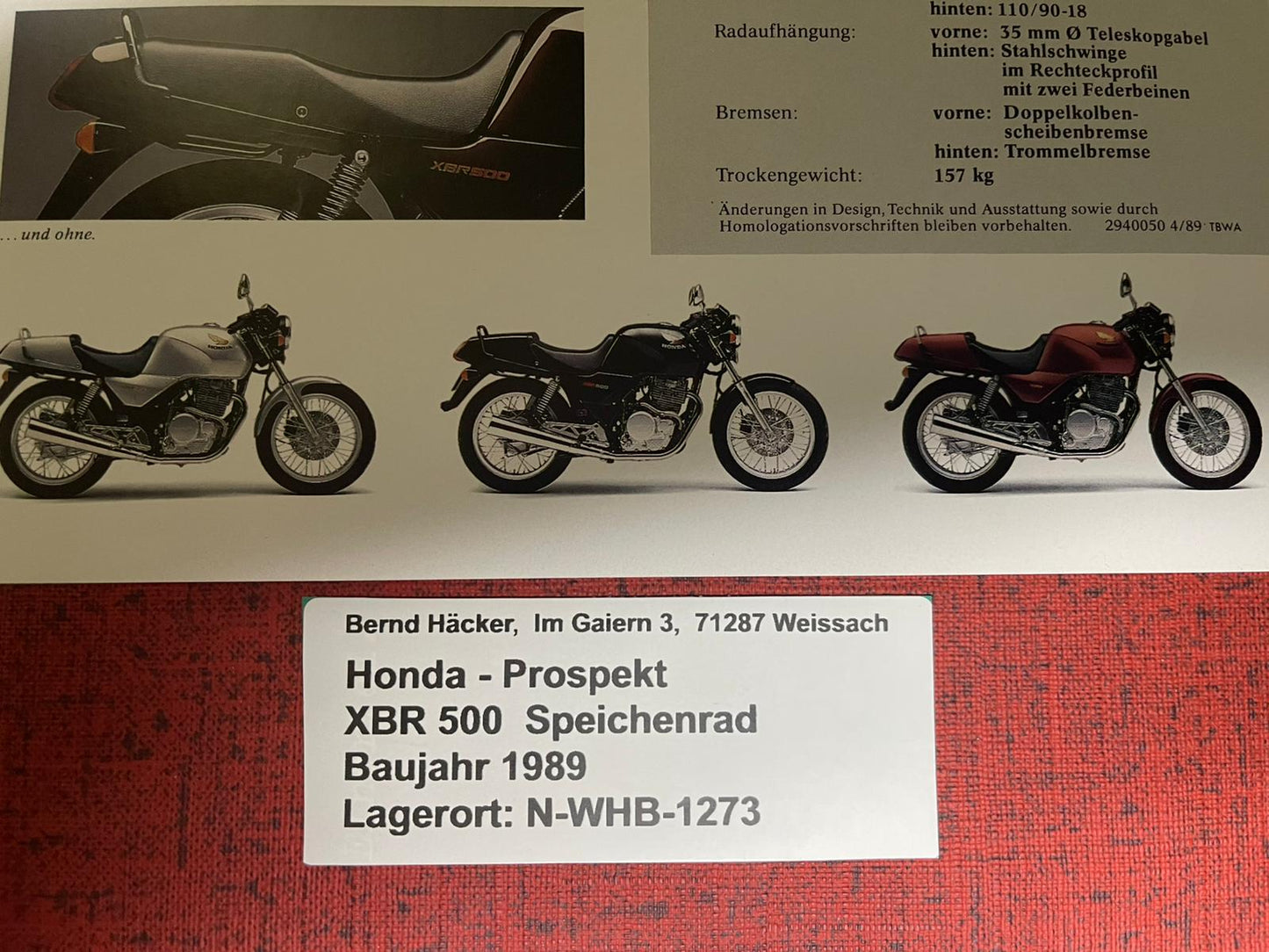 Prospekt Honda XBR500S - XBR 500 Speichenrad -  Bj. 1989 + Aufkleber