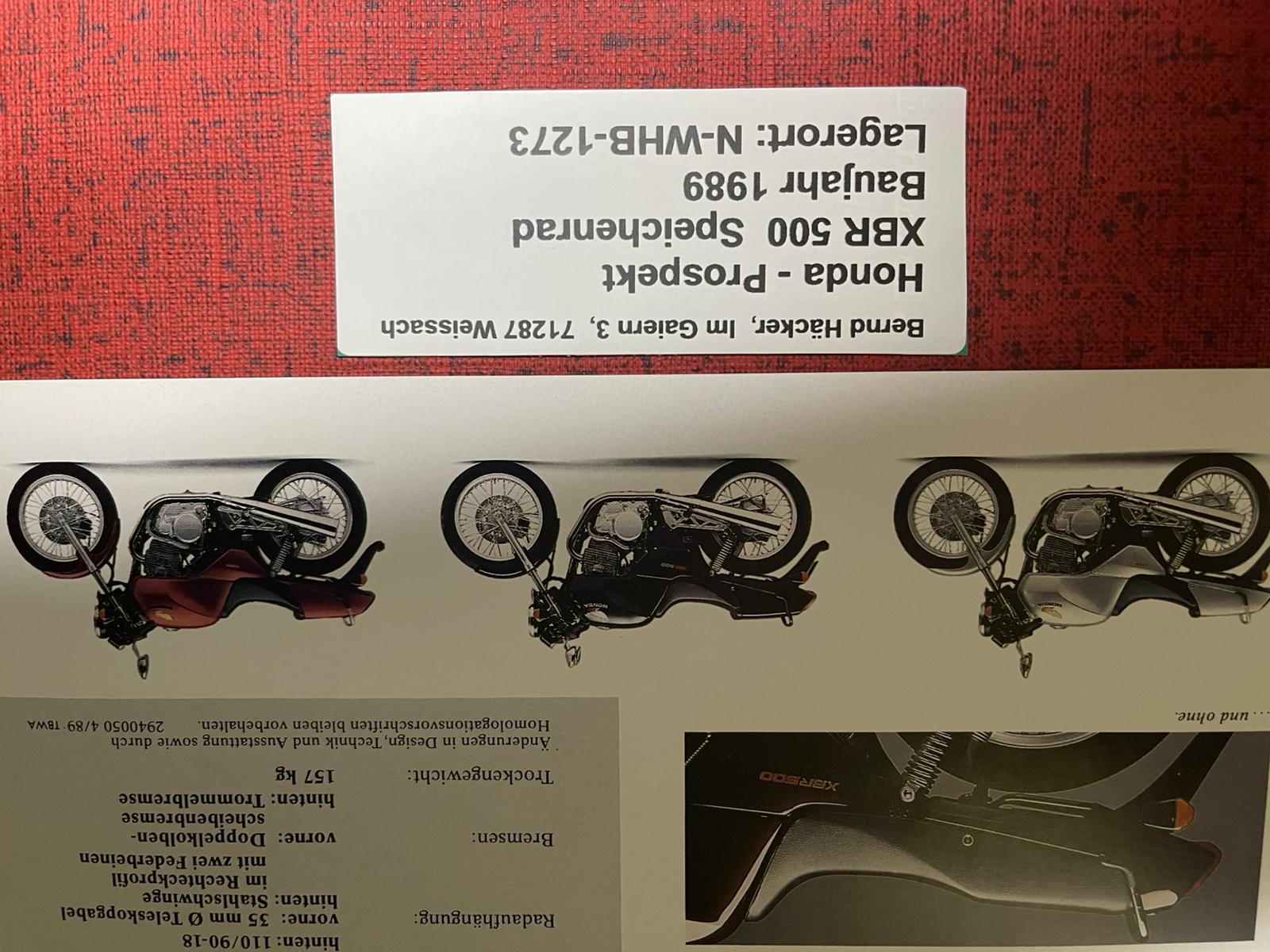 Prospekt Honda XBR500S - XBR 500 Speichenrad -  Bj. 1989 + Aufkleber