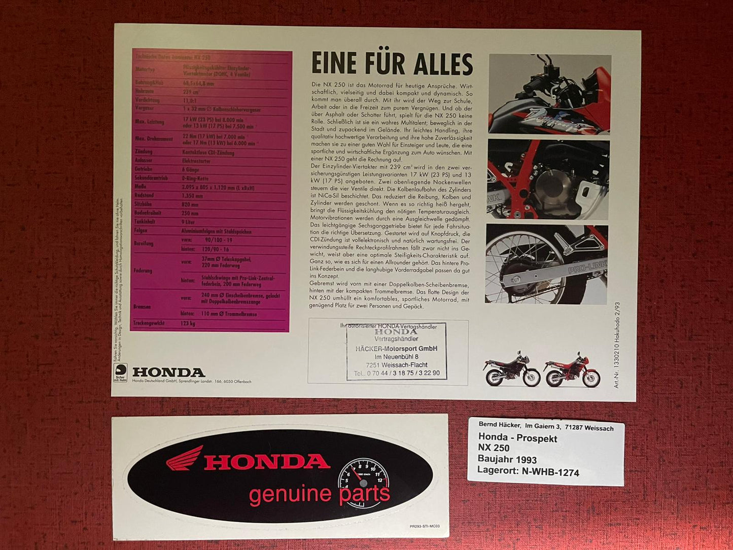Prospekt Honda NX250 - NX 250 Bj. 1993 + Aufkleber