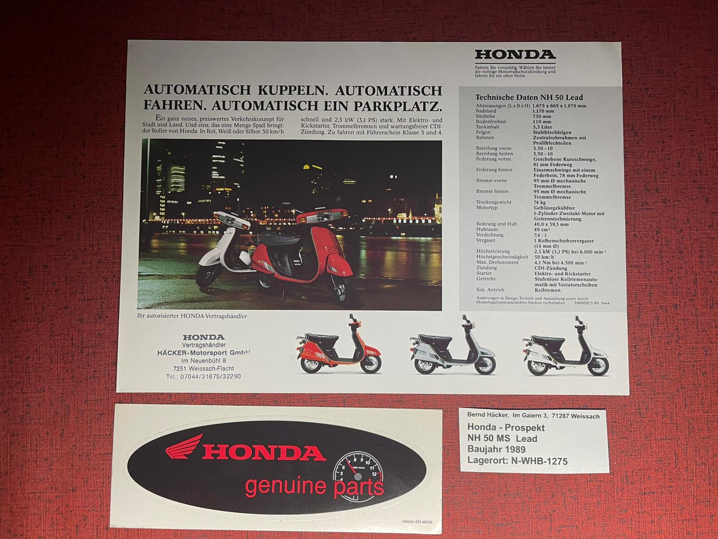 Prospekt Honda NH50MS - NH50 MS Lead - Bj. 1989 + Aufkleber