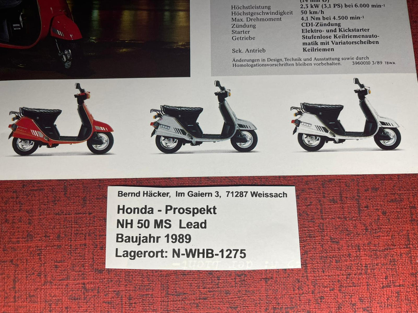 Prospekt Honda NH50MS - NH50 MS Lead - Bj. 1989 + Aufkleber