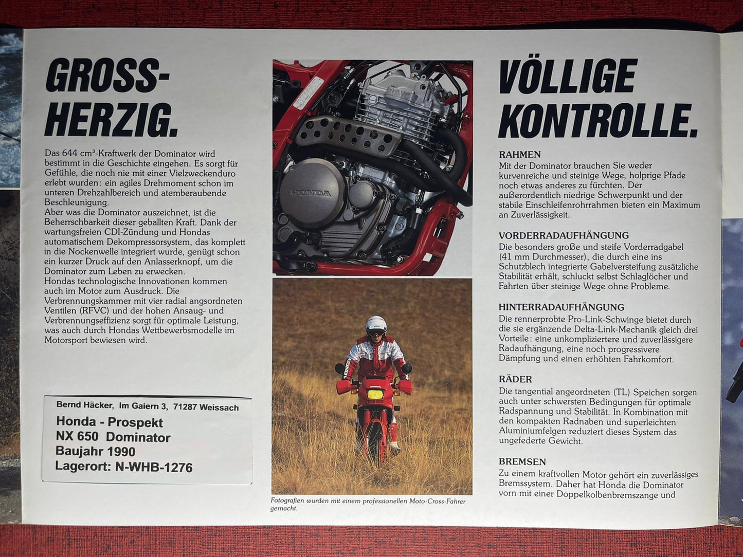 Prospekt Honda NX650 - NX 650 Dominator - Bj. 1990 + Aufkleber