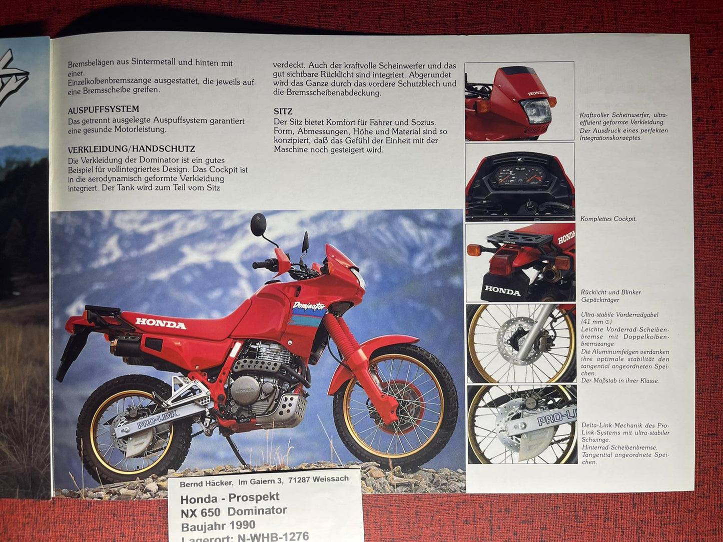 Prospekt Honda NX650 - NX 650 Dominator - Bj. 1990 + Aufkleber