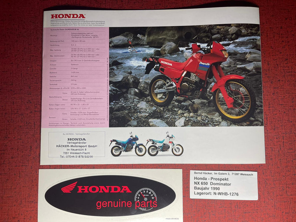 Prospekt Honda NX650 - NX 650 Dominator - Bj. 1990 + Aufkleber