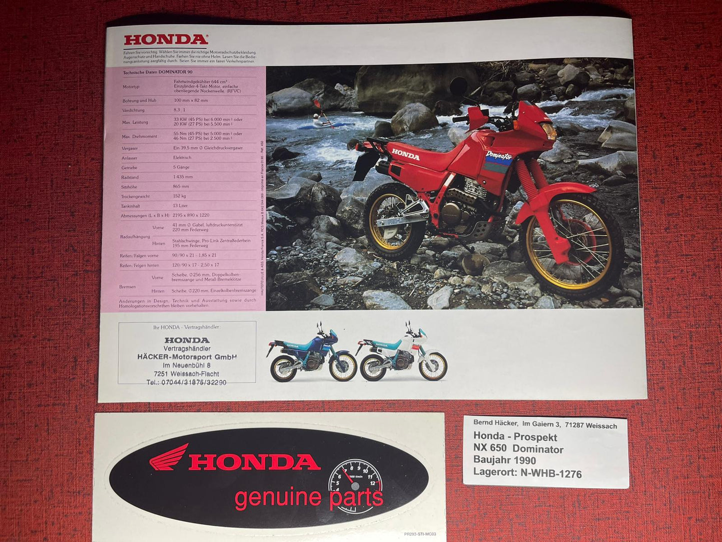 Prospekt Honda NX650 - NX 650 Dominator - Bj. 1990 + Aufkleber