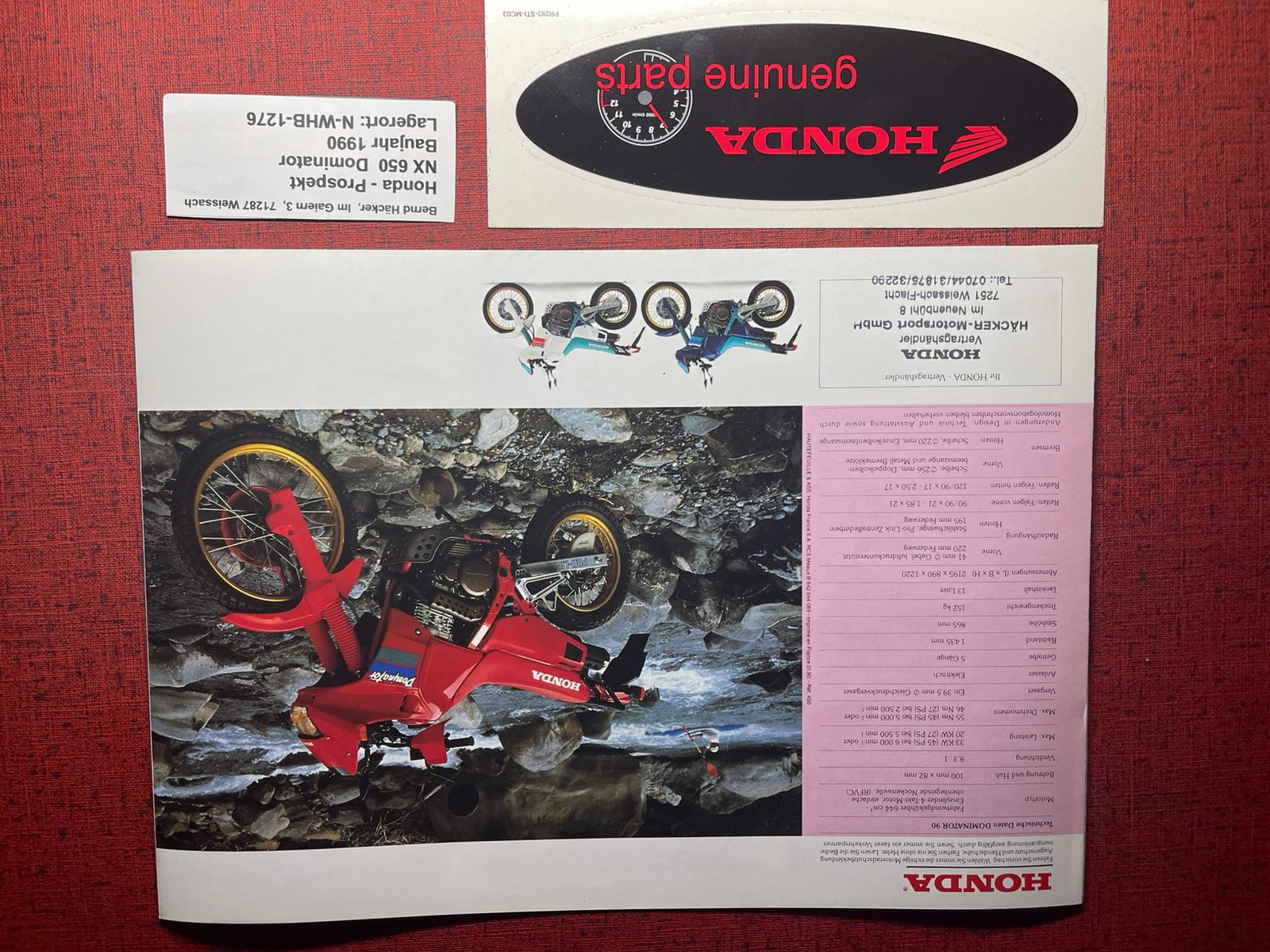 Prospekt Honda NX650 - NX 650 Dominator - Bj. 1990 + Aufkleber