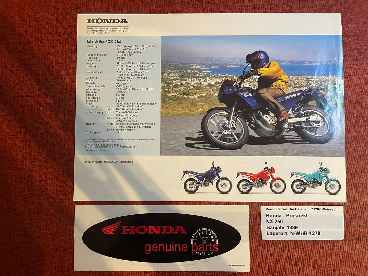 Prospekt Honda NX250 - NX 250 Bj. 1989 + Aufkleber
