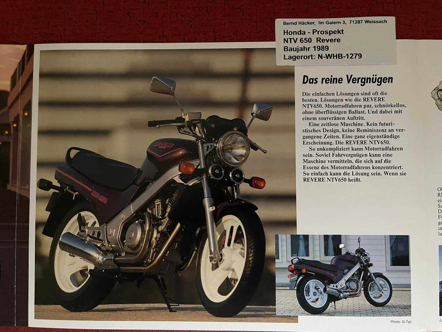 Prospekt Honda NTV650 - NTV 650 Revere Bj. 1989 + Aufkleber