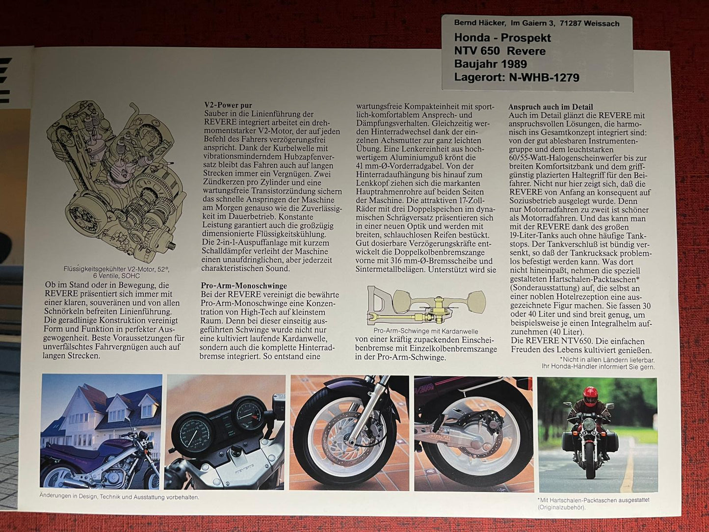 Prospekt Honda NTV650 - NTV 650 Revere Bj. 1989 + Aufkleber