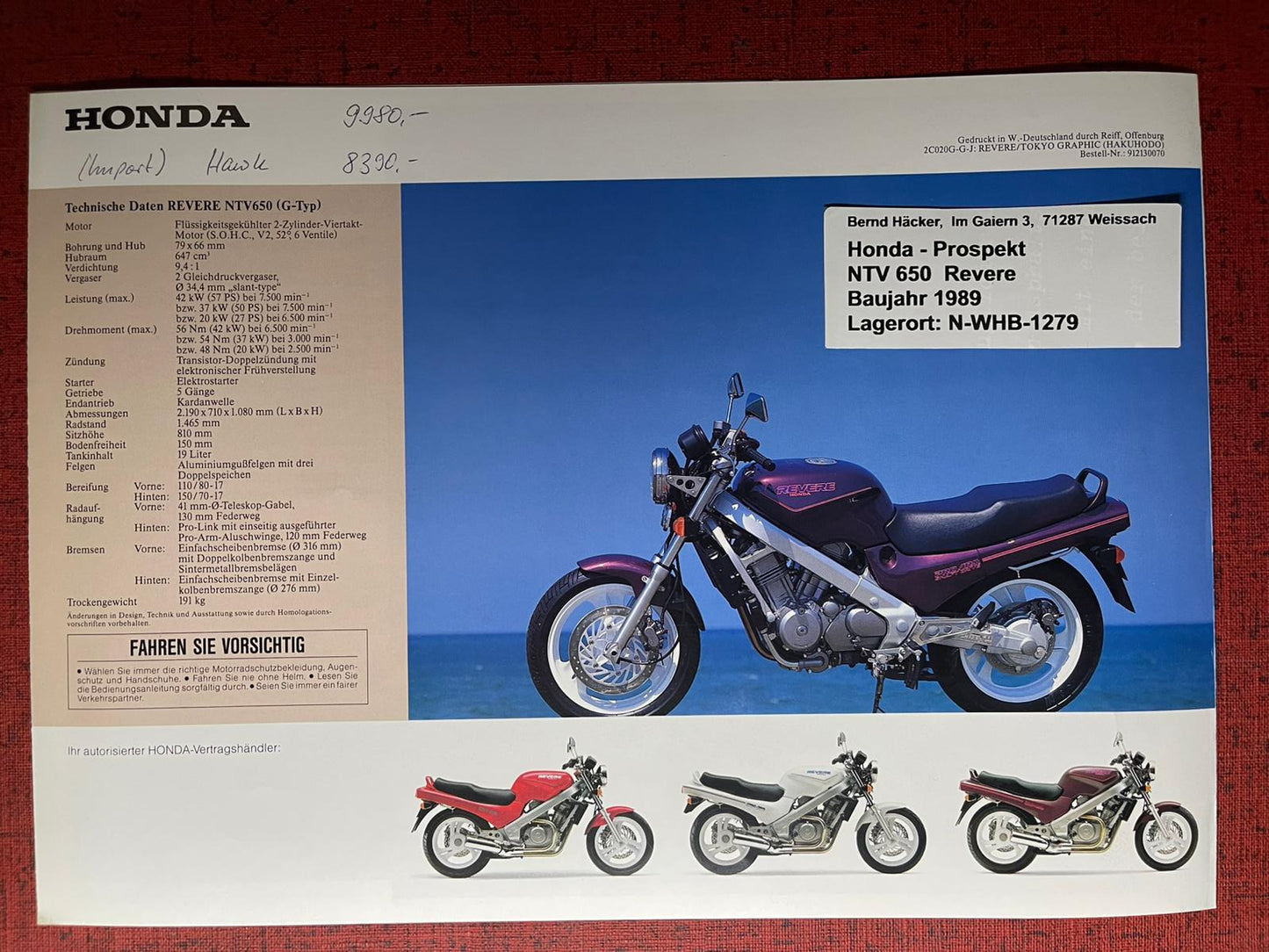 Prospekt Honda NTV650 - NTV 650 Revere Bj. 1989 + Aufkleber