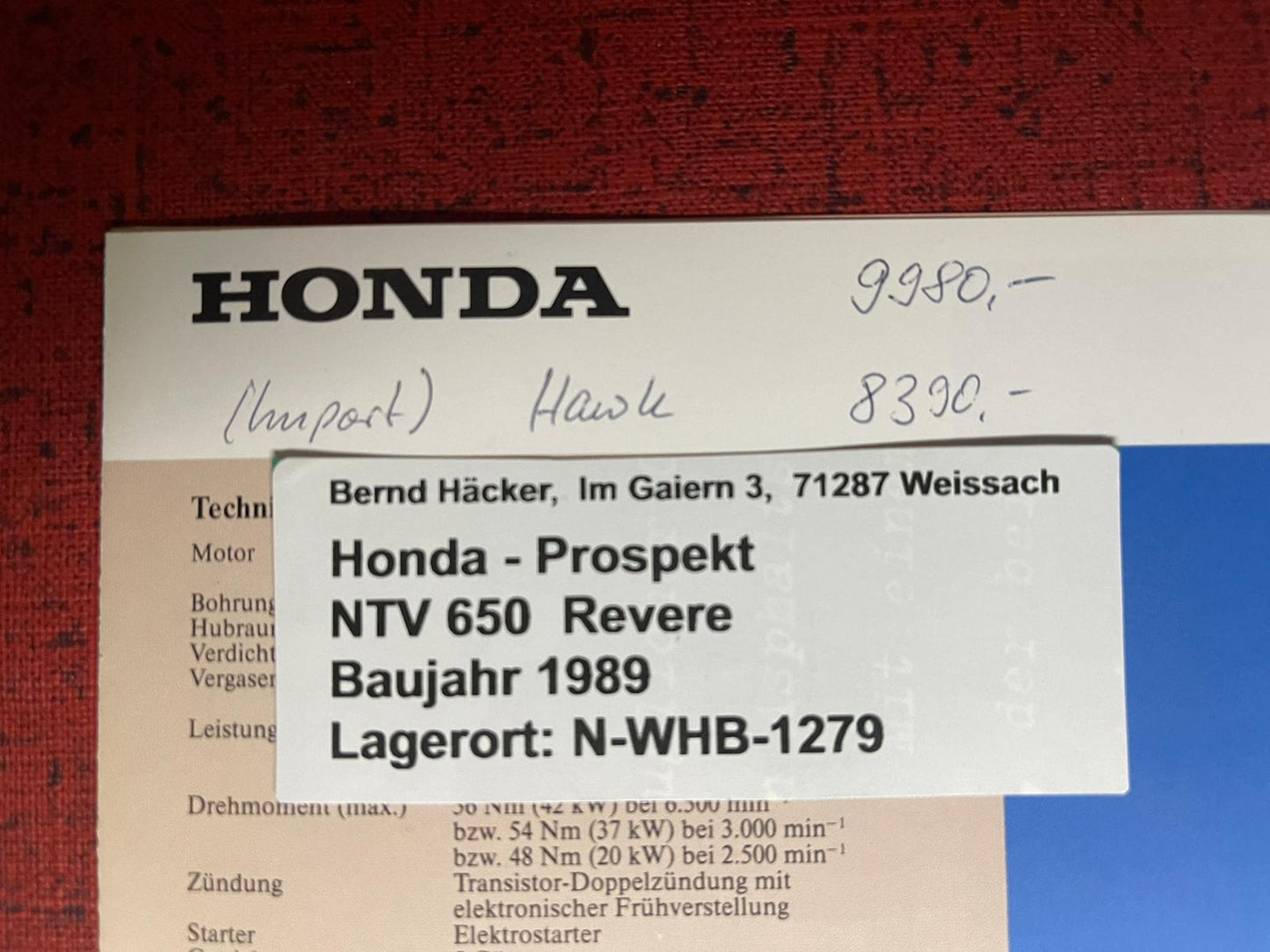 Prospekt Honda NTV650 - NTV 650 Revere Bj. 1989 + Aufkleber