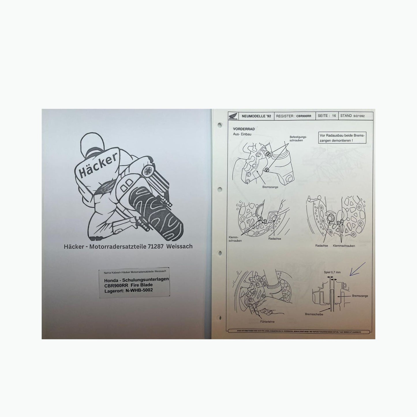 Honda Schulungs - Unterlagen CBR900RR CBR 900 RR Fire Blade ab Baujahr 1992 für Sammler