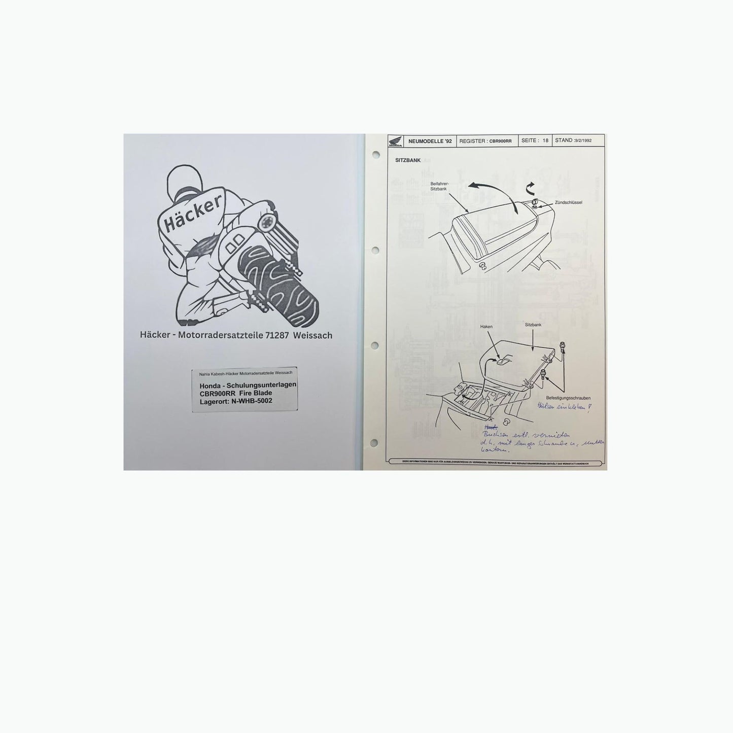Honda Schulungs - Unterlagen CBR900RR CBR 900 RR Fire Blade ab Baujahr 1992 für Sammler