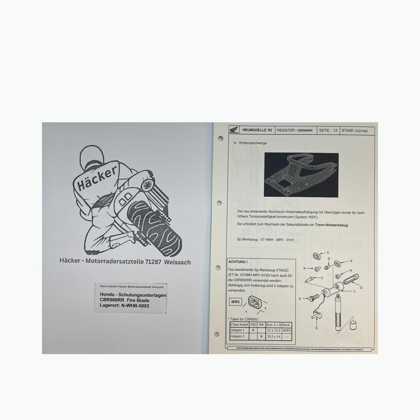 Honda Schulungs - Unterlagen CBR900RR CBR 900 RR Fire Blade ab Baujahr 1992 für Sammler