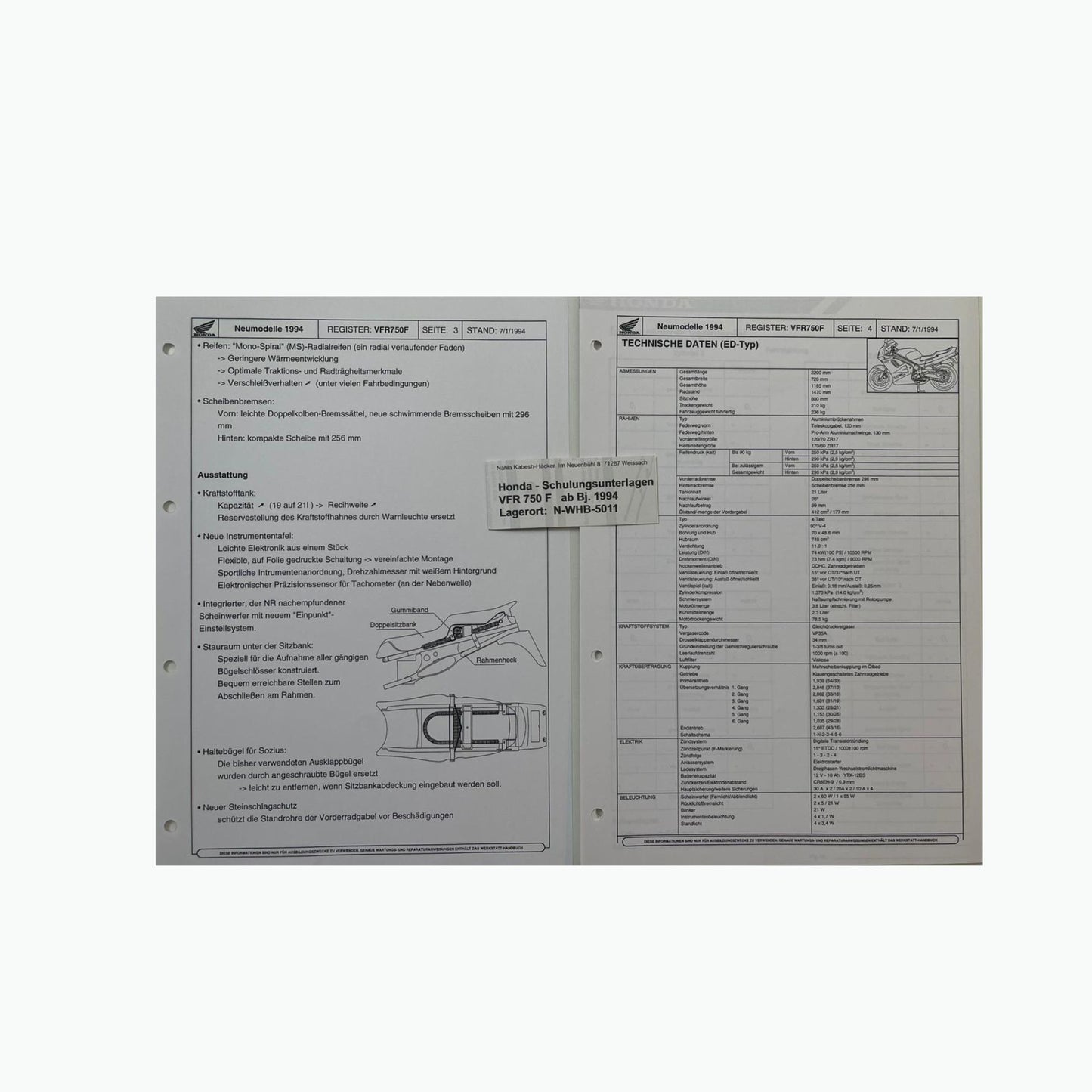 Honda Schulungs - Unterlagen VFR750F VFR 750 F ab Baujahr 1994 für Sammler