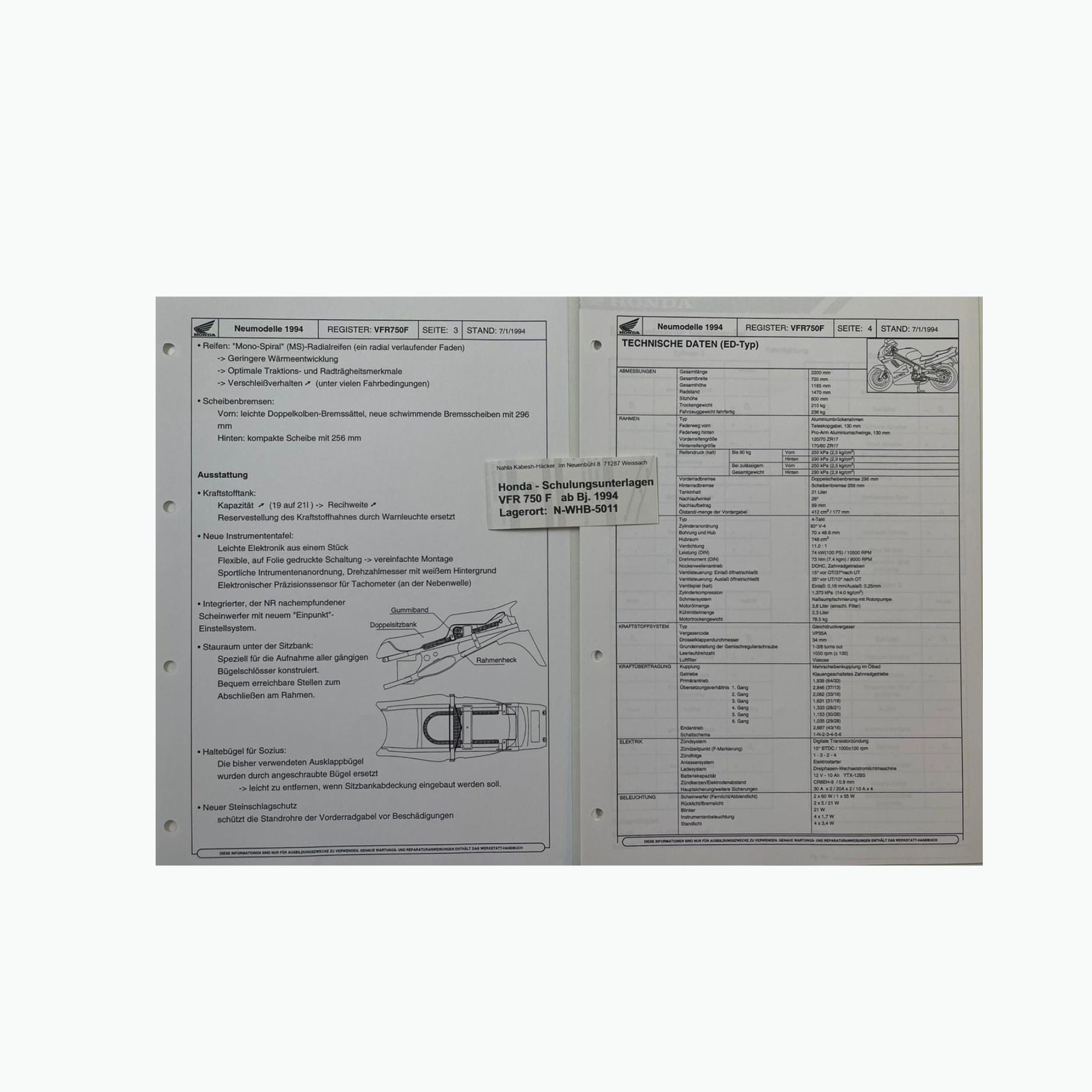 Honda Schulungs - Unterlagen VFR750F VFR 750 F ab Baujahr 1994 für Sammler