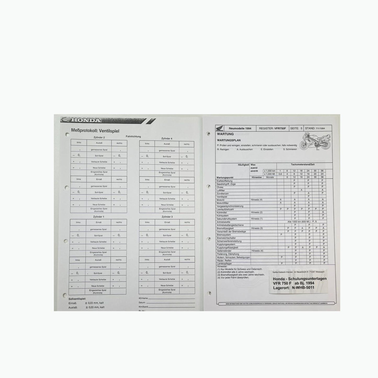 Honda Schulungs - Unterlagen VFR750F VFR 750 F ab Baujahr 1994 für Sammler