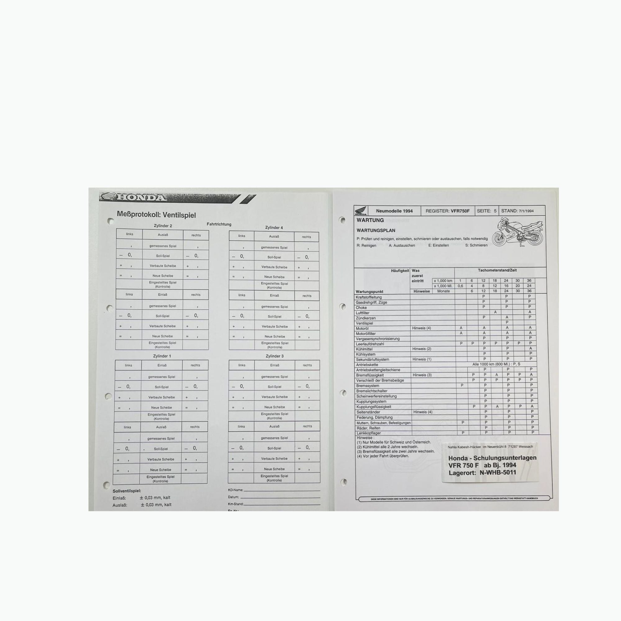 Honda Schulungs - Unterlagen VFR750F VFR 750 F ab Baujahr 1994 für Sammler