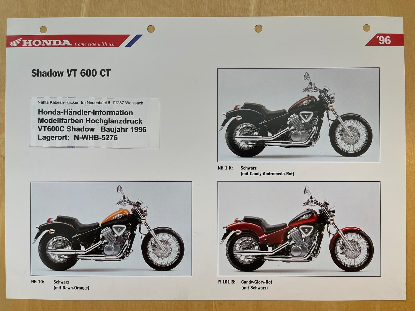 VT600C VT 600 C Shadow Baujahr 1996 - Honda Original Farbchart Prospekt