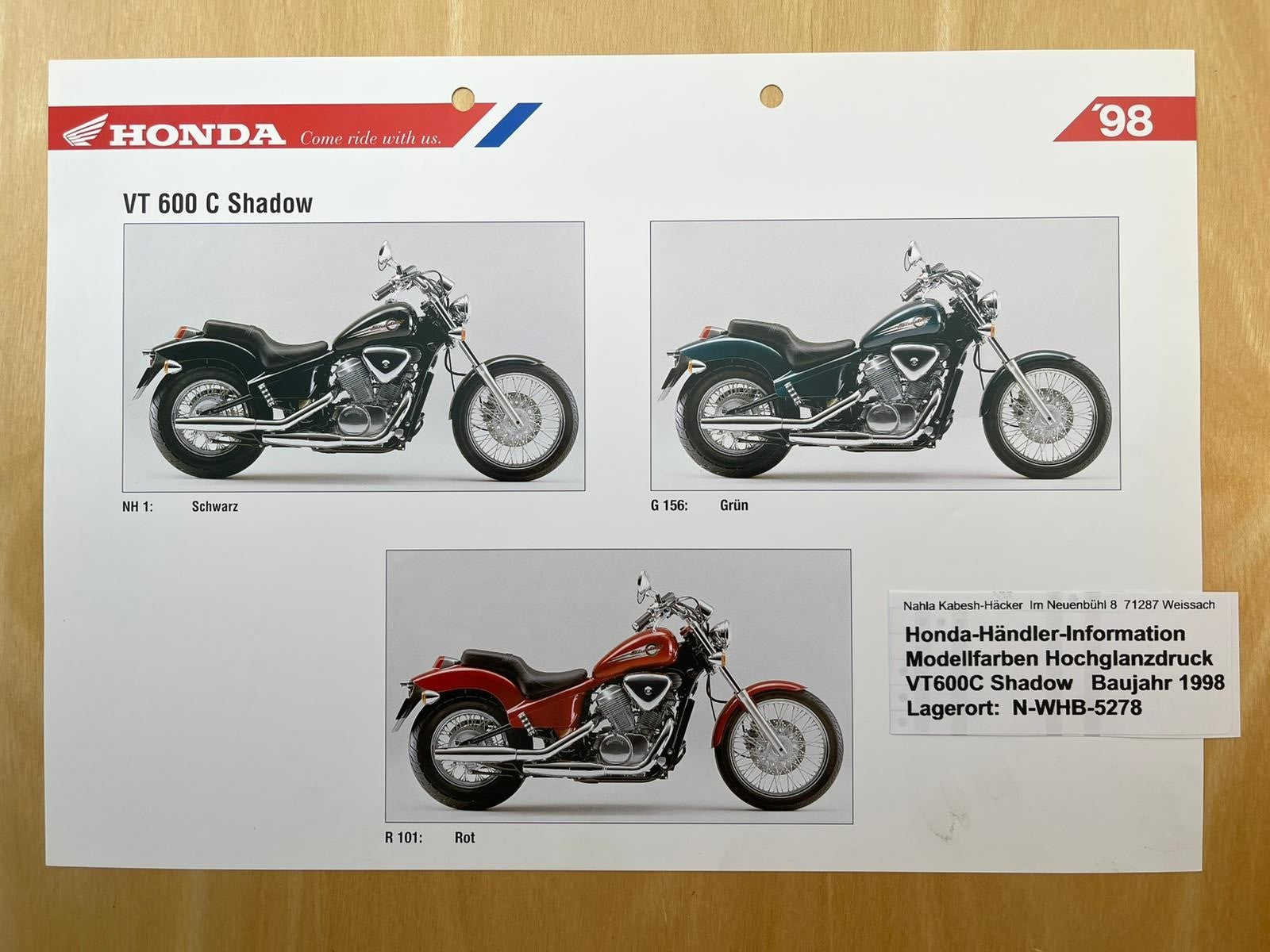 VT600C VT 600 C Shadow Baujahr 1998 - Honda Original Farbchart Prospekt