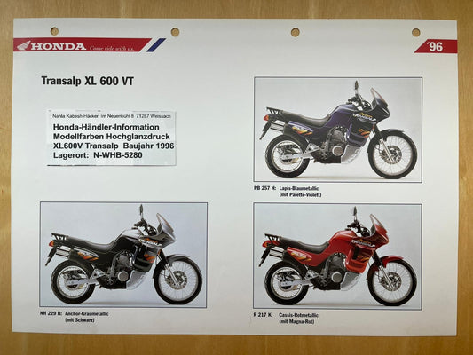 XL600V XL 600 V Transalp Baujahr 1996 - Honda Original Farbchart Prospekt