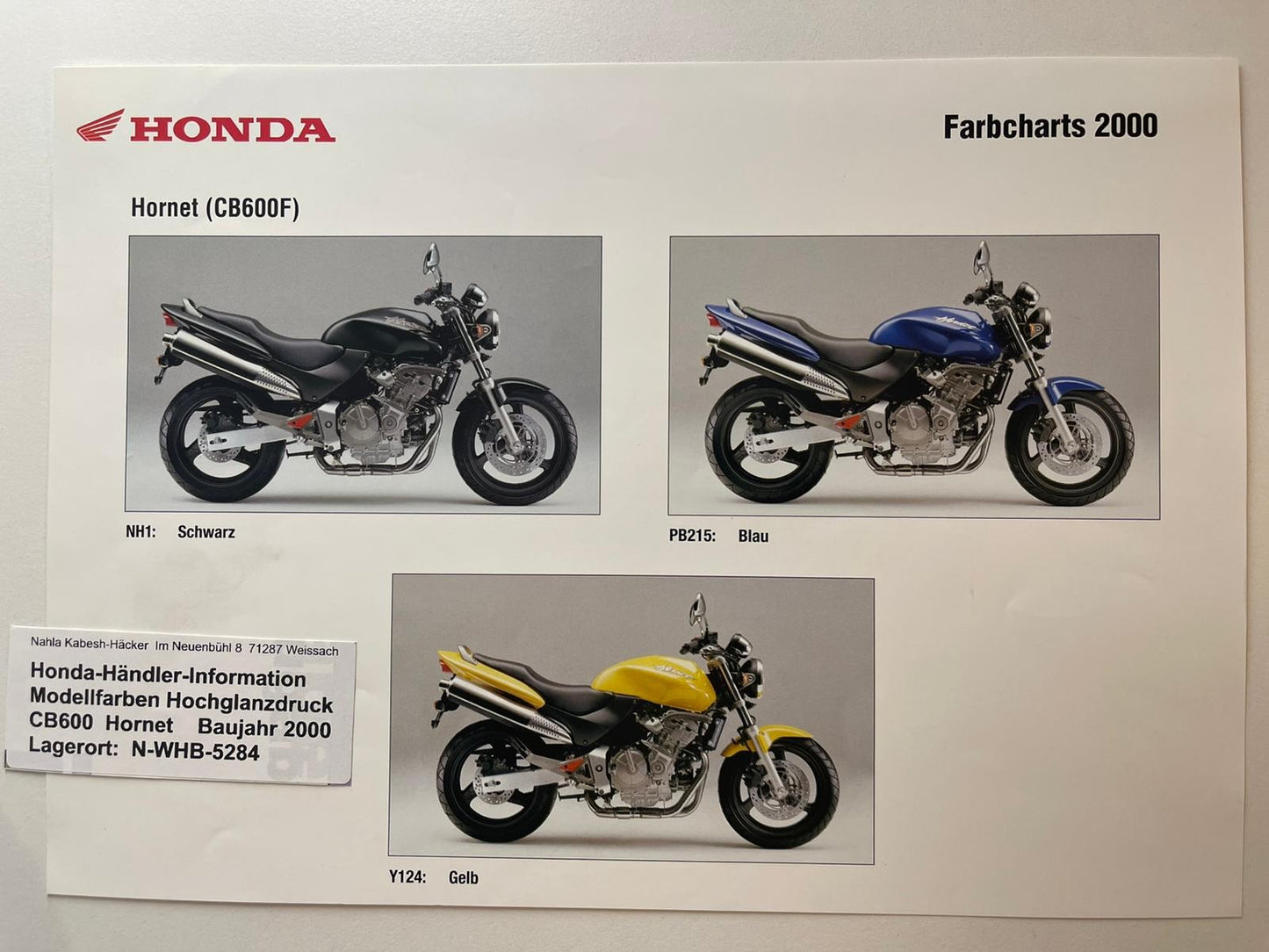 CB600 CB 600 Hornet Baujahr 2000 - Honda Original Farbchart Prospekt