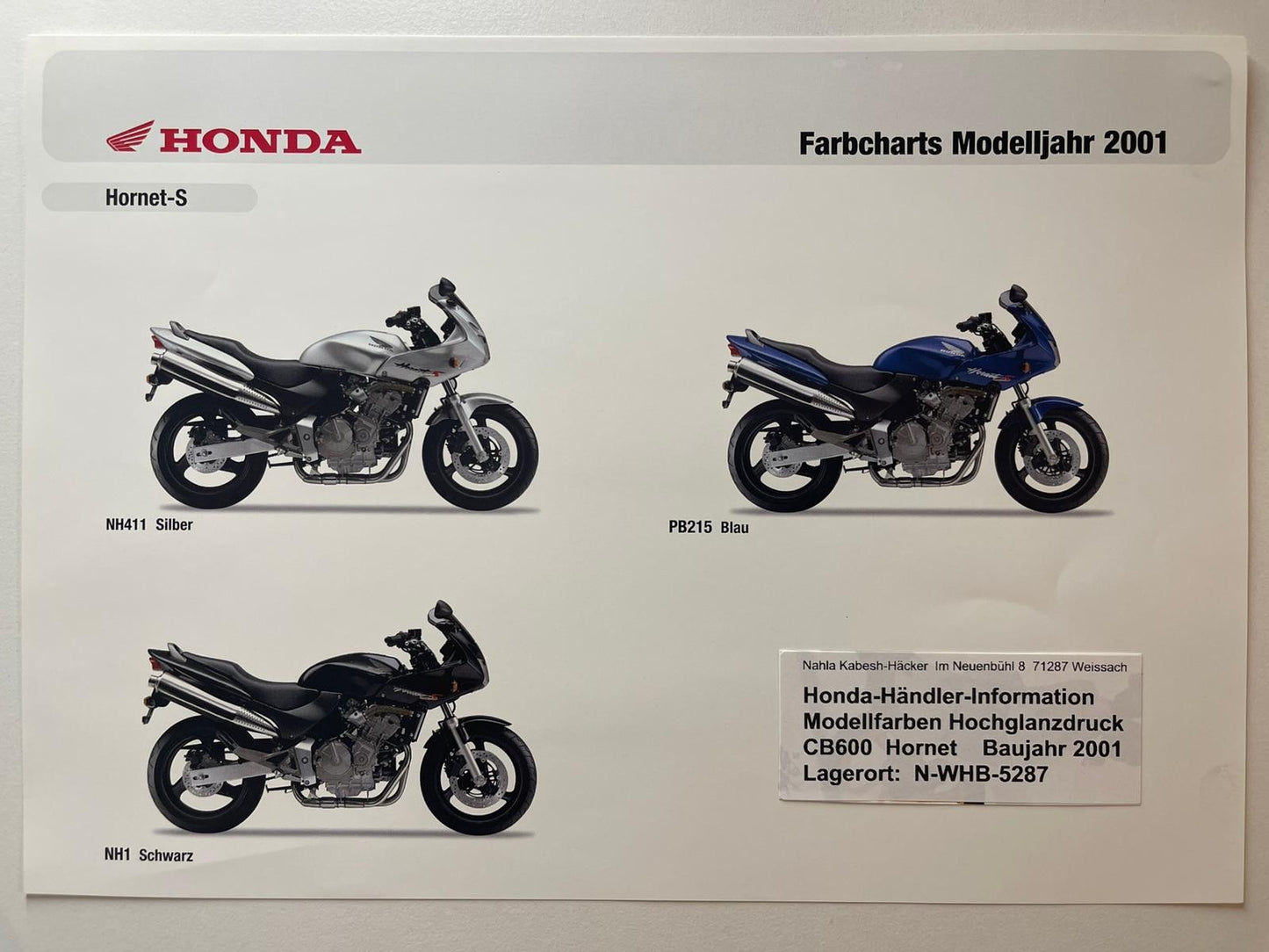 CB600 CB 600 F2 Hornet S Baujahr 2001 - Honda Original Farbchart Prospekt