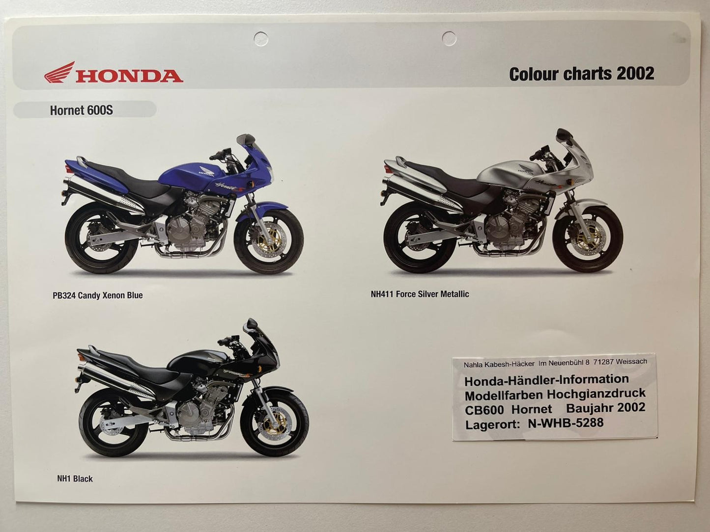 CB600 CB 600 F2 Hornet S Baujahr 2002 - Honda Original Farbchart Prospekt