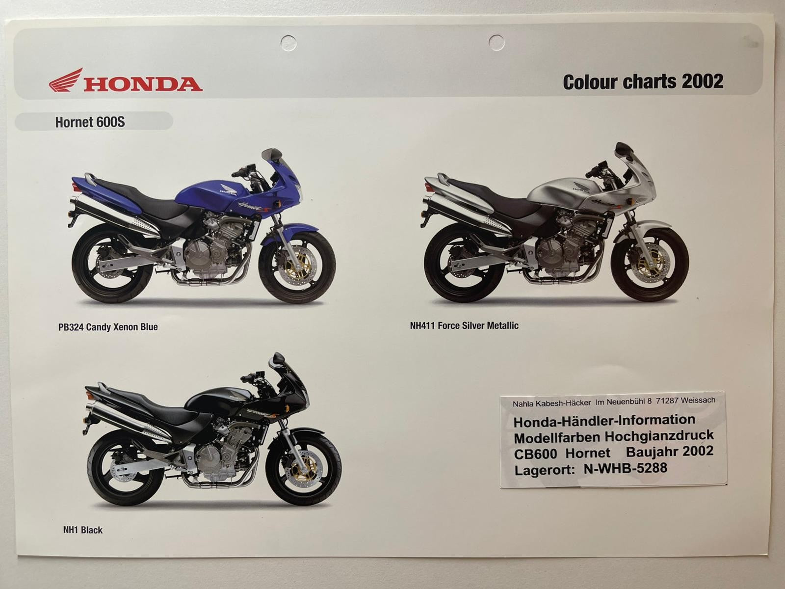 CB600 CB 600 F2 Hornet S Baujahr 2002 - Honda Original Farbchart Prospekt