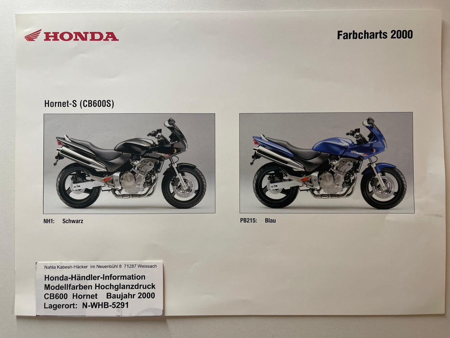 CB600 CB 600 F2 Hornet S Baujahr 2000 - Honda Original Farbchart Prospekt