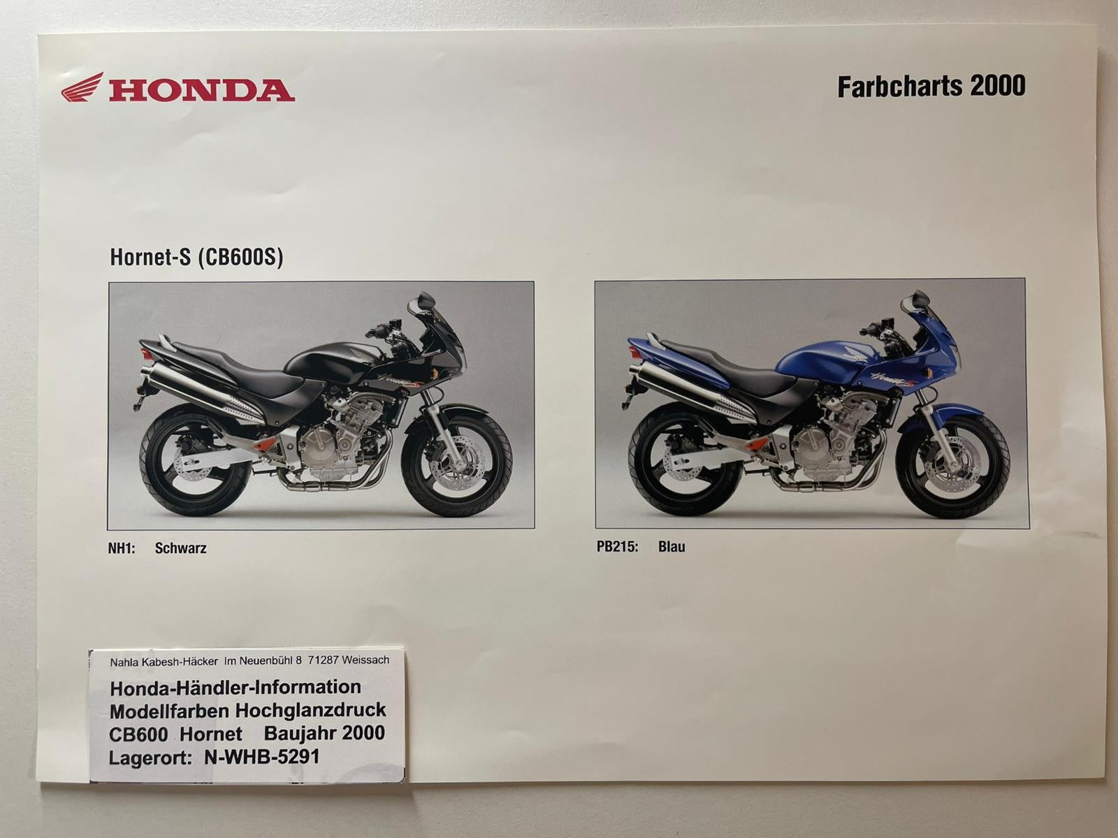 CB600 CB 600 F2 Hornet S Baujahr 2000 - Honda Original Farbchart Prospekt