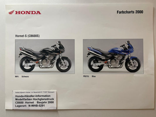 CB600 CB 600 F2 Hornet S Baujahr 2000 - Honda Original Farbchart Prospekt