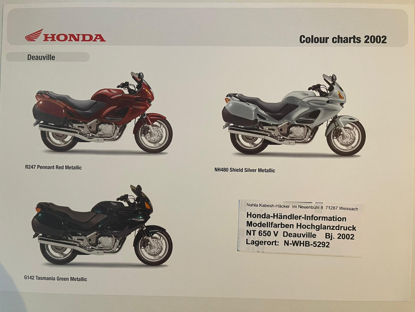 NT650V NT 650 V Deauville Baujahr 2002 - Honda Original Farbchart Prospekt