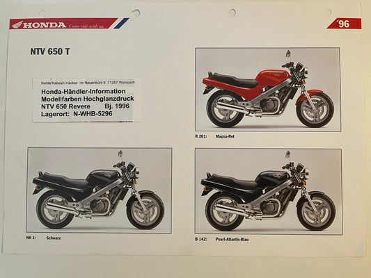 NTV650 NTV 650 Revere Baujahr 1996 - Honda Original Farbchart Prospekt