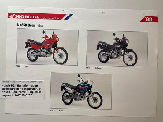 NX650 NX 650 Dominator Baujahr 1999 - Honda Original Farbchart Prospekt