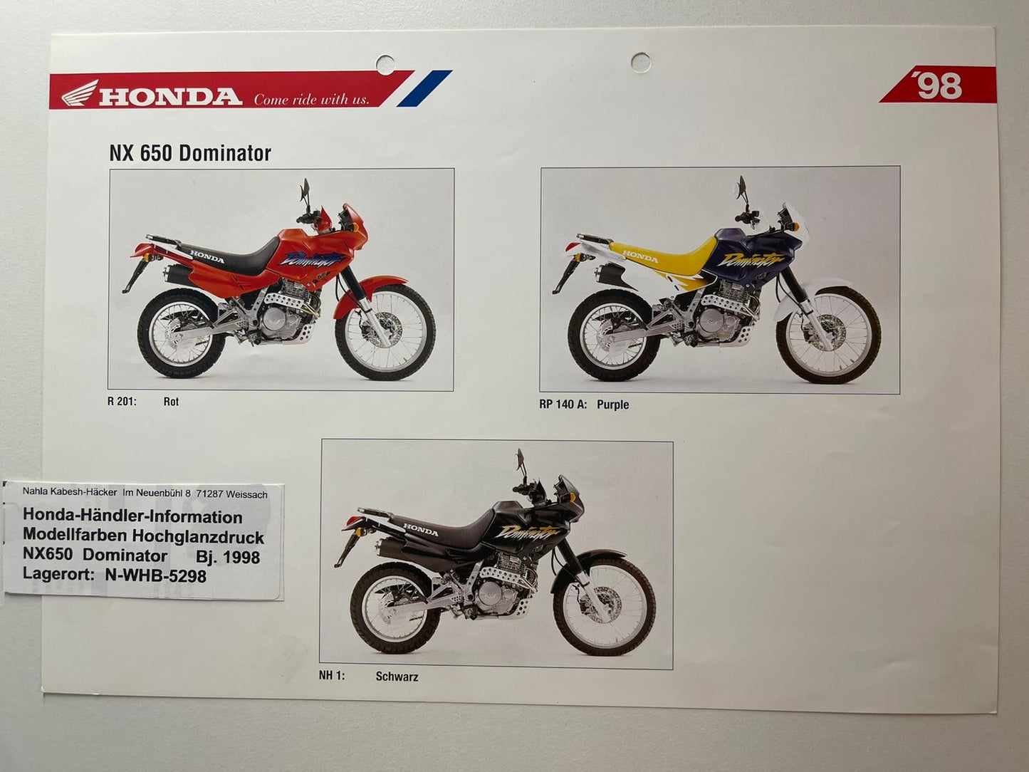 NX650 NX 650 Dominator Baujahr 1998 - Honda Original Farbchart Prospekt